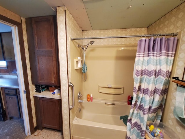 523 Exeter Rd, Corinth, ME 04427 - full bathroom featuring shower / tub combo and wallpapered walls