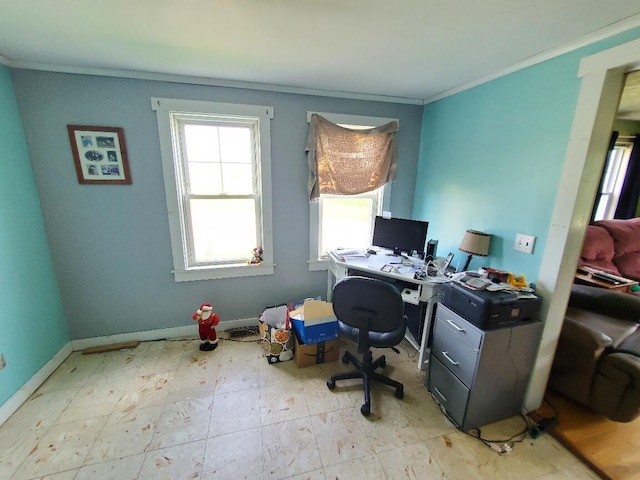 523 Exeter Rd, Corinth, ME 04427 - office area featuring ornamental molding and baseboards