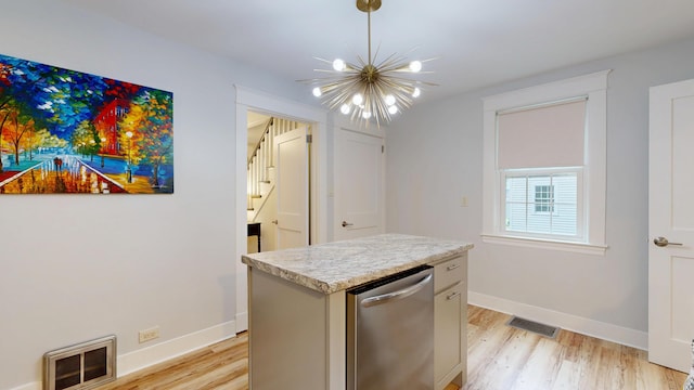 11 Southern Ave, Augusta, ME 04330 - kitchen with a chandelier, dishwasher, light wood-style flooring, and a center island