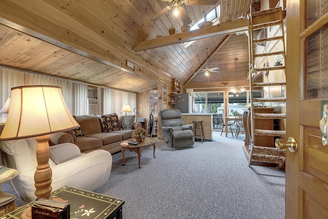 9 Sarah Ln, Standish, ME 04084 - living area featuring ceiling fan, carpet, a high ceiling, and a wooden ceiling with exposed beams