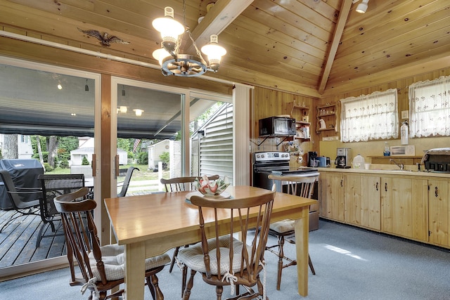 9 Sarah Ln, Standish, ME 04084 - dining room featuring wood ceiling, a chandelier, light carpet, and lofted ceiling