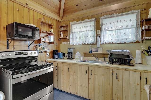9 Sarah Ln, Standish, ME 04084 - kitchen featuring electric range, black microwave, light brown cabinets, and light countertops