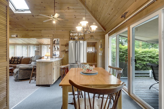 9 Sarah Ln, Standish, ME 04084 - dining room with lofted ceiling, carpet flooring, a skylight, wooden ceiling, and ceiling fan