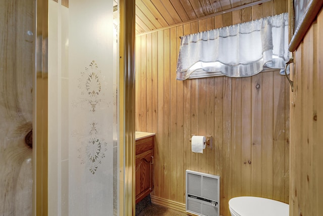 9 Sarah Ln, Standish, ME 04084 - bathroom with heating unit, vanity, wood walls, and wood ceiling