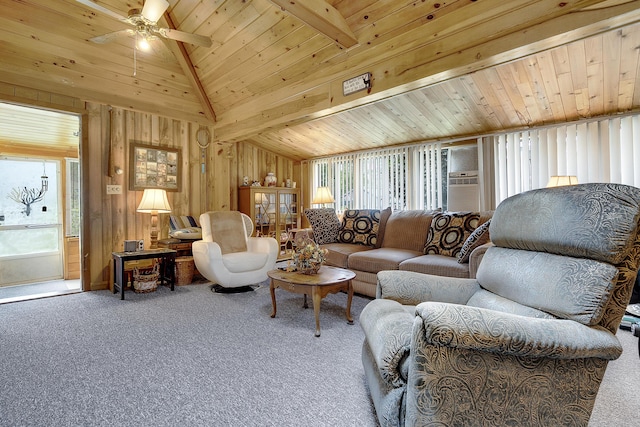 9 Sarah Ln, Standish, ME 04084 - living area with carpet flooring, plenty of natural light, a ceiling fan, wooden walls, and wooden ceiling
