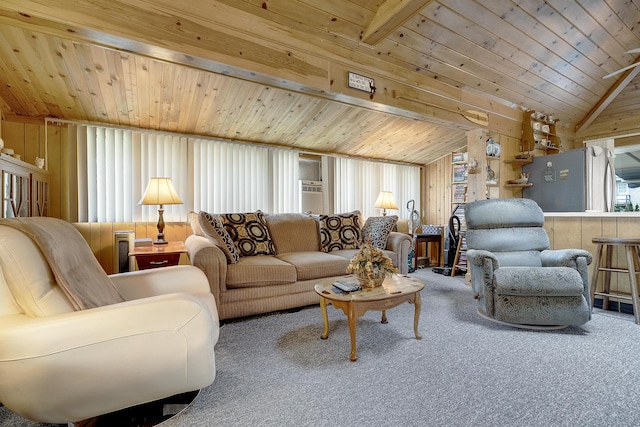 9 Sarah Ln, Standish, ME 04084 - carpeted living area with wooden walls, wooden ceiling, and vaulted ceiling