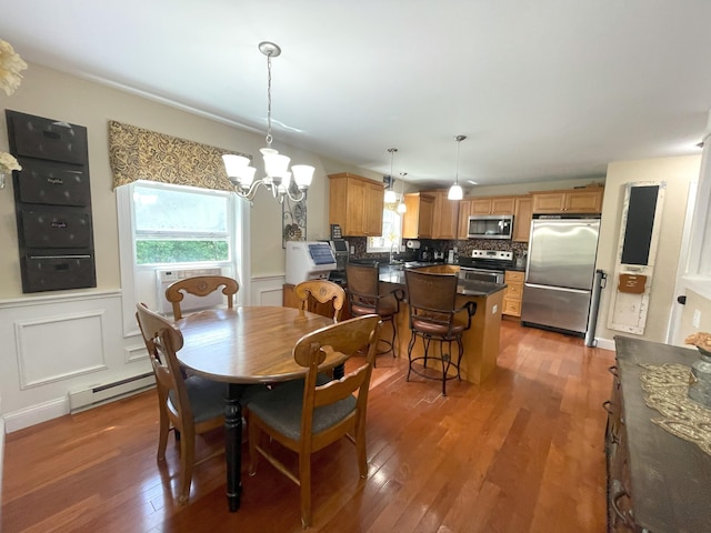 28 Kayla Way, Gorham, ME 04038 - dining area with light wood-style flooring, a chandelier, wainscoting, a decorative wall, and a baseboard radiator