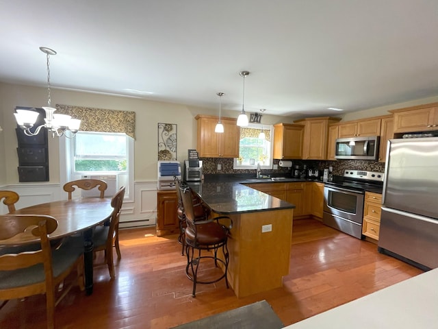28 Kayla Way, Gorham, ME 04038 - kitchen featuring stainless steel appliances, a chandelier, wood finished floors, tasteful backsplash, and wainscoting