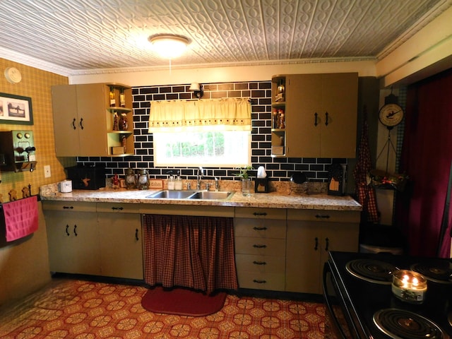 10 Liberty St, Dexter, ME 04930 - kitchen with open shelves, crown molding, light countertops, decorative backsplash, and black range with electric cooktop