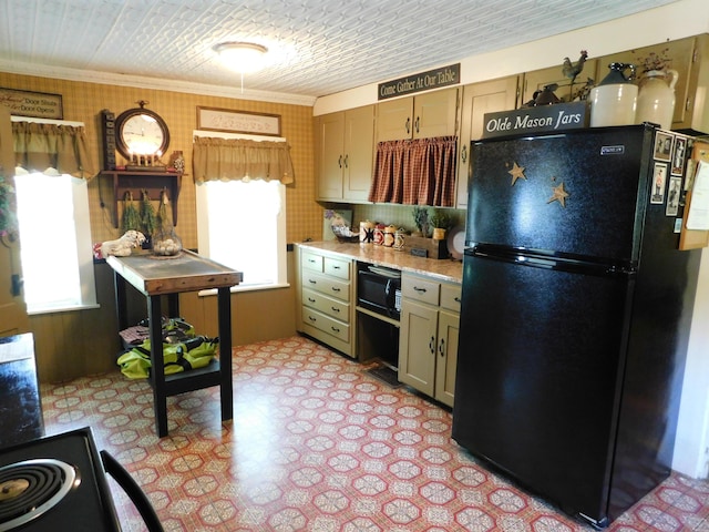 10 Liberty St, Dexter, ME 04930 - kitchen with black appliances, healthy amount of natural light, light countertops, light floors, and ornamental molding