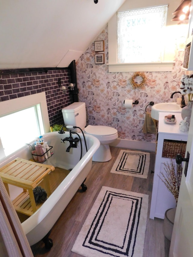 10 Liberty St, Dexter, ME 04930 - bathroom with lofted ceiling, a bathtub, vanity, and wood finished floors