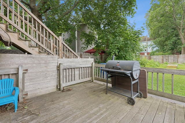 26 Cross St, Westbrook, ME 04092 - wooden deck featuring a grill, a fenced backyard, and stairs