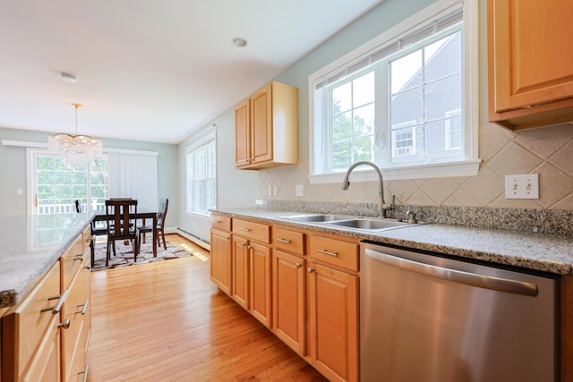 18 Wilson Dr, Westbrook, ME 04092 - kitchen with dishwasher, a chandelier, light wood-type flooring, a baseboard heating unit, and tasteful backsplash