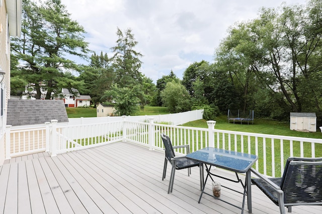 18 Wilson Dr, Westbrook, ME 04092 - wooden deck featuring a storage unit, a trampoline, a fenced backyard, and view of wooded area