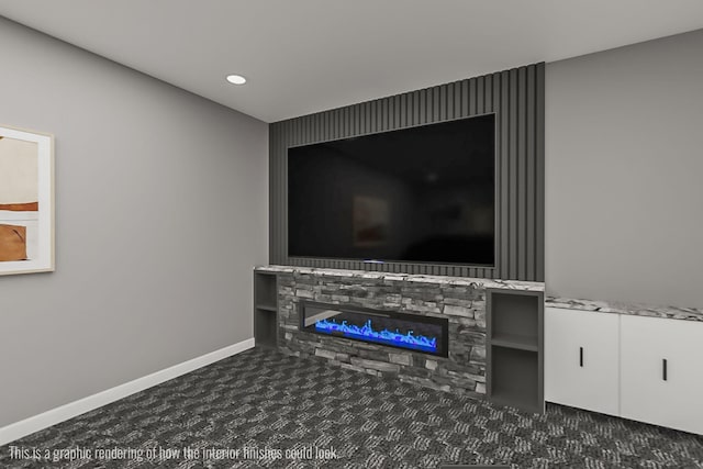 219 Outlook Rd, Woodstock, ME 04219 - detailed view of carpet flooring, a stone fireplace, and recessed lighting