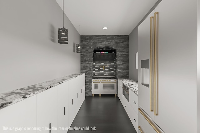 219 Outlook Rd, Woodstock, ME 04219 - kitchen with stainless steel fridge with ice dispenser, light stone countertops, white cabinets, recessed lighting, and finished concrete floors