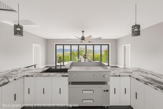 219 Outlook Rd, Woodstock, ME 04219 - kitchen featuring white cabinetry, a ceiling fan, pendant lighting, and light stone counters