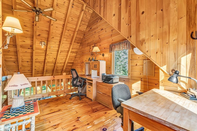 642 Mingo Loop Rd, Rangeley, ME 04970 - office area featuring hardwood / wood-style floors, wood ceiling, wooden walls, and a ceiling fan