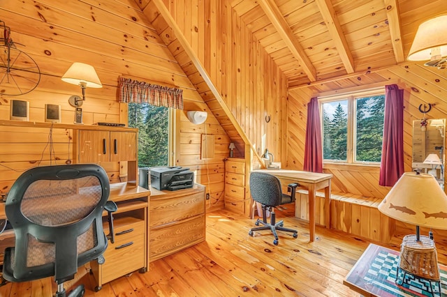 642 Mingo Loop Rd, Rangeley, ME 04970 - office space featuring wood walls, wooden ceiling, and light wood-style floors