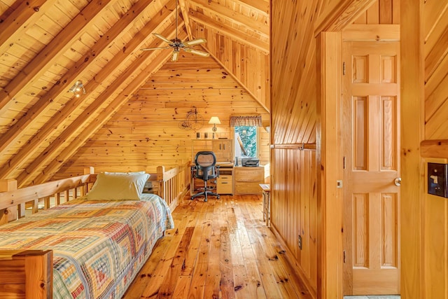 642 Mingo Loop Rd, Rangeley, ME 04970 - bedroom featuring wooden walls, wooden ceiling, hardwood / wood-style flooring, and an office area