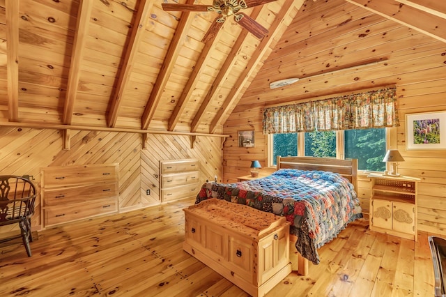 642 Mingo Loop Rd, Rangeley, ME 04970 - bedroom with light wood finished floors, wooden walls, and wooden ceiling