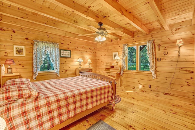 642 Mingo Loop Rd, Rangeley, ME 04970 - bedroom featuring hardwood / wood-style flooring, a wooden ceiling with exposed beams, and wood walls