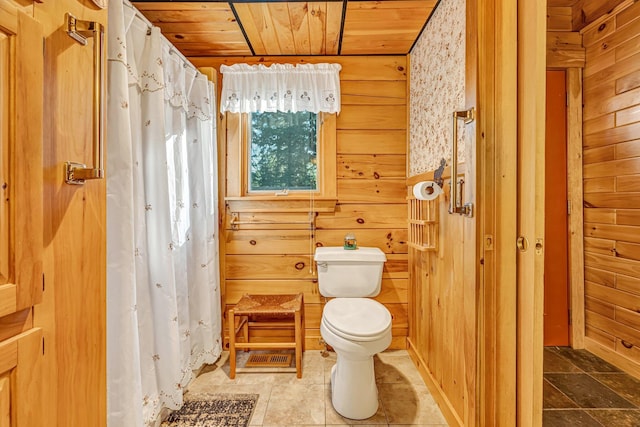 642 Mingo Loop Rd, Rangeley, ME 04970 - bathroom featuring wood ceiling, wood walls, and a shower with curtain