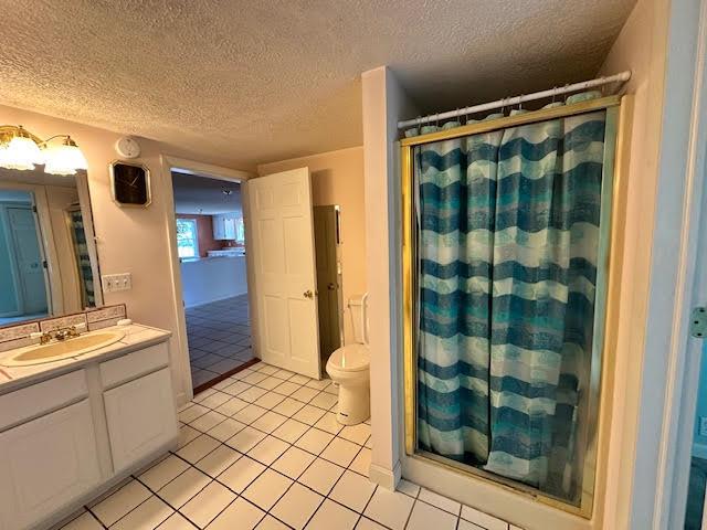 1039 Belfast Rd, Knox, ME 04986 - bathroom with vanity, tile patterned floors, a shower with curtain, and a textured ceiling