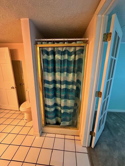 1039 Belfast Rd, Knox, ME 04986 - full bath featuring a stall shower, a textured ceiling, and tile patterned floors