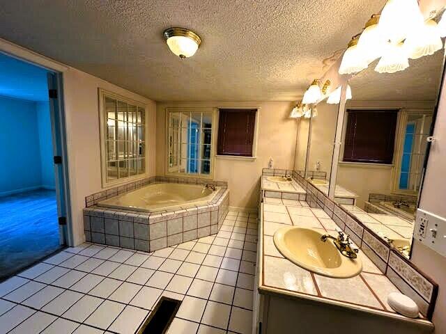 1039 Belfast Rd, Knox, ME 04986 - full bathroom with double vanity, tile patterned flooring, a textured ceiling, and a bath