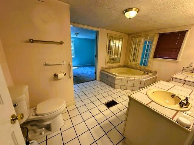 1039 Belfast Rd, Knox, ME 04986 - bathroom featuring a textured ceiling, vanity, a garden tub, and tile patterned floors