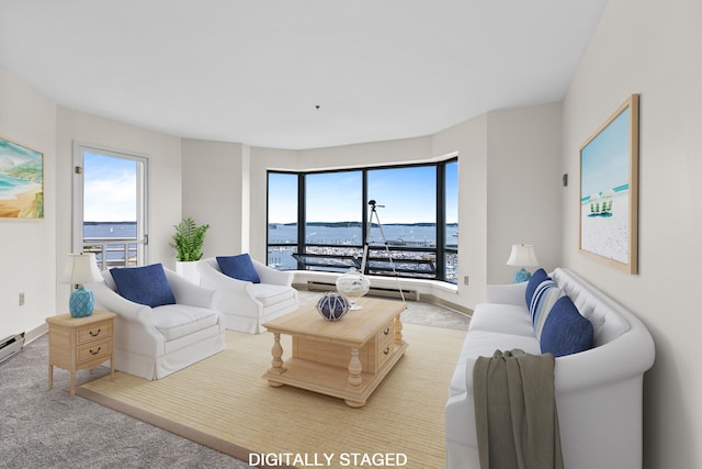 148 Breakwater Dr Unit 809, South Portland, ME 04106 - carpeted living room featuring healthy amount of natural light, a water view, and a baseboard heating unit