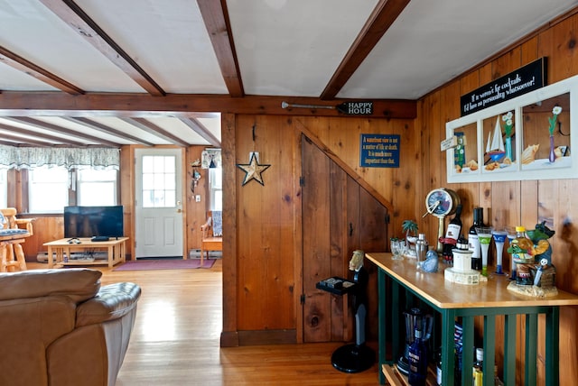 428 Eldridge Rd, Wells, ME 04090 - bar with beamed ceiling, wood walls, and wood finished floors