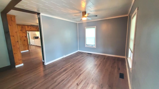 236 Birch St, Bangor, ME 04401 - empty room with ceiling fan, dark wood finished floors, crown molding, and wood walls