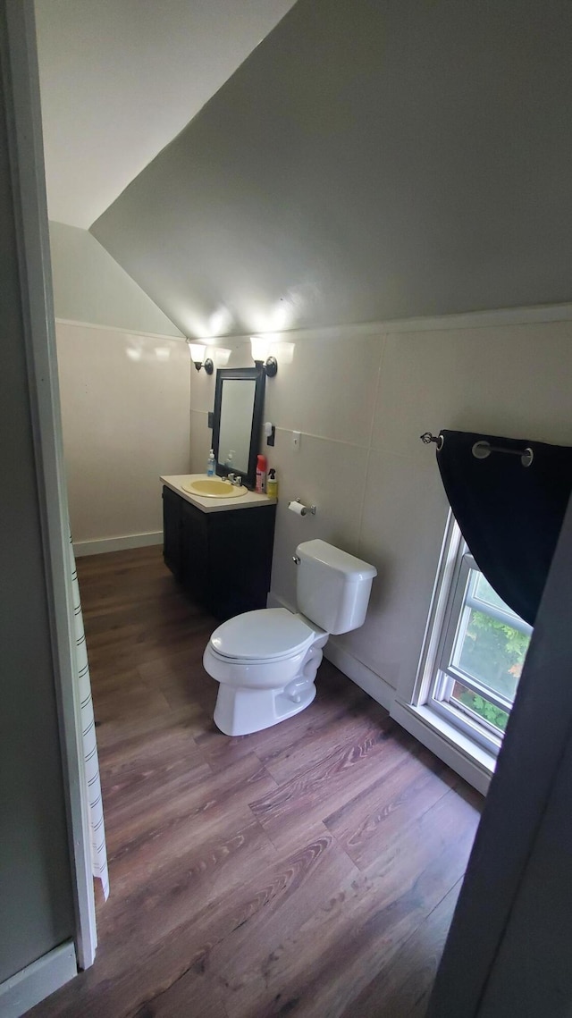 236 Birch St, Bangor, ME 04401 - half bathroom featuring wood finished floors, vanity, and lofted ceiling