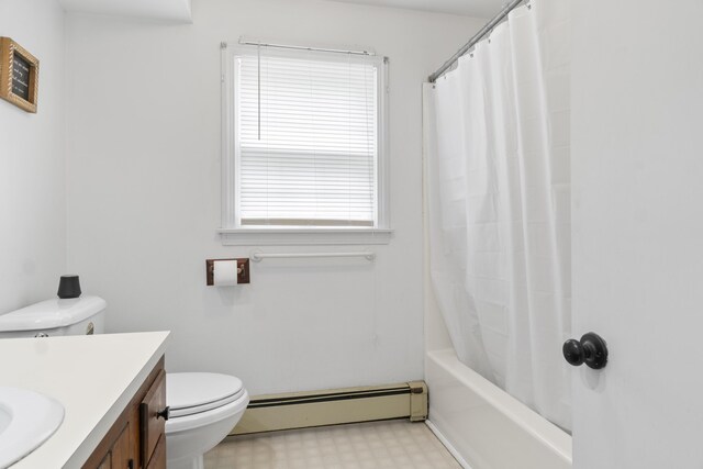 14 Lakeshore Dr, Belgrade, ME 04918 - bathroom with baseboard heating, vanity, tile patterned floors, and shower / bath combo