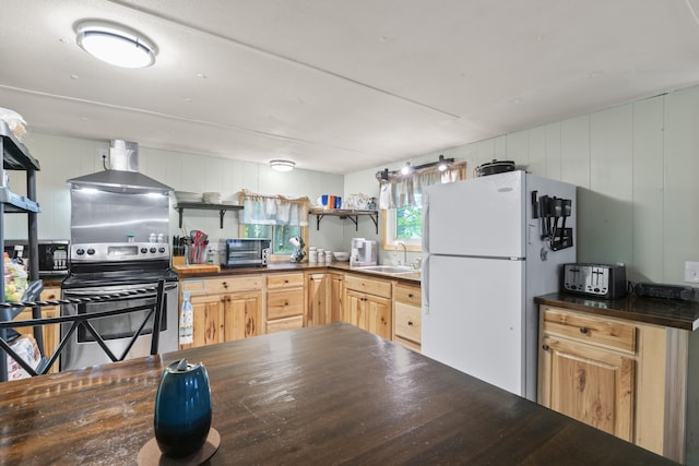 14 Lakeshore Dr, Belgrade, ME 04918 - kitchen featuring freestanding refrigerator, open shelves, stainless steel electric range, wall chimney exhaust hood, and light brown cabinets