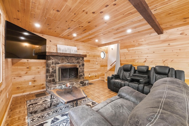 11 Ridgewood Dr, Lebanon, ME 04027 - living room featuring wood walls, wood ceiling, stairs, recessed lighting, and a fireplace