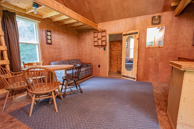 LOT4 Brimstone Rd, Lagrange, ME 04453 - dining room with wood ceiling, wooden walls, and vaulted ceiling