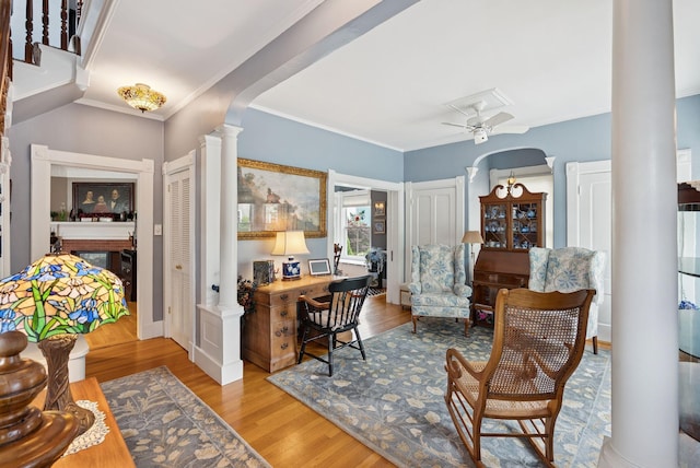 709 High St, Bath, ME 04530 - office area with ornate columns, wood finished floors, ceiling fan, and ornamental molding