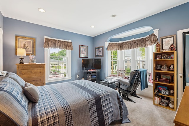 709 High St, Bath, ME 04530 - bedroom with light colored carpet, multiple windows, crown molding, and recessed lighting