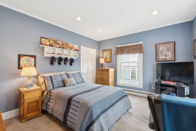 709 High St, Bath, ME 04530 - bedroom with baseboard heating, light colored carpet, recessed lighting, and crown molding