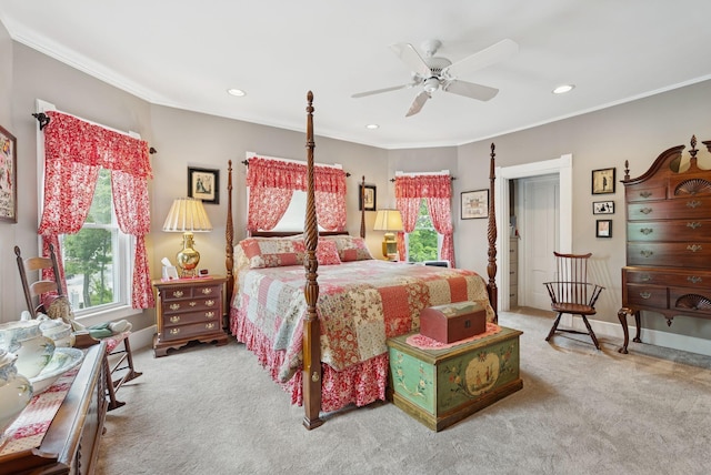 709 High St, Bath, ME 04530 - bedroom with carpet floors, crown molding, recessed lighting, and ceiling fan