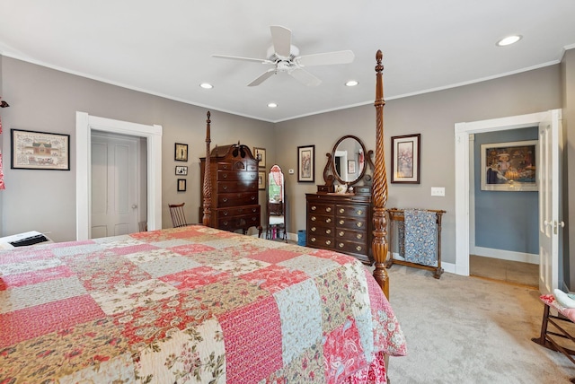 709 High St, Bath, ME 04530 - bedroom with recessed lighting, crown molding, light colored carpet, and a ceiling fan