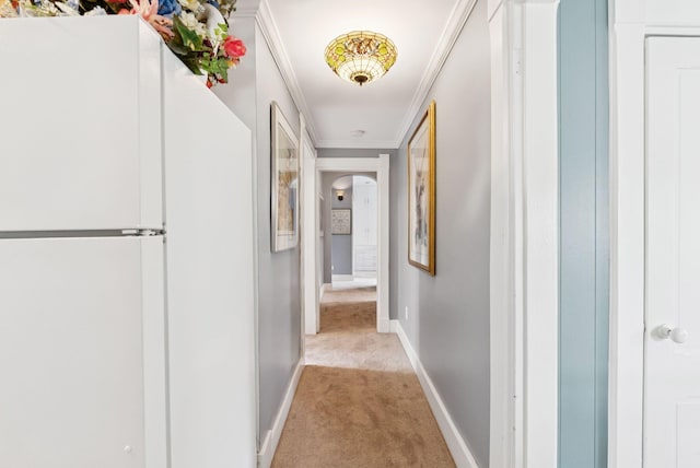 709 High St, Bath, ME 04530 - hallway with light carpet, crown molding, and arched walkways