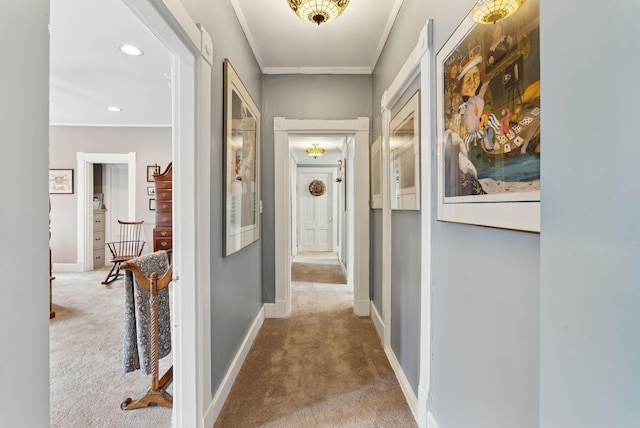 709 High St, Bath, ME 04530 - hallway with carpet flooring, ornamental molding, and recessed lighting