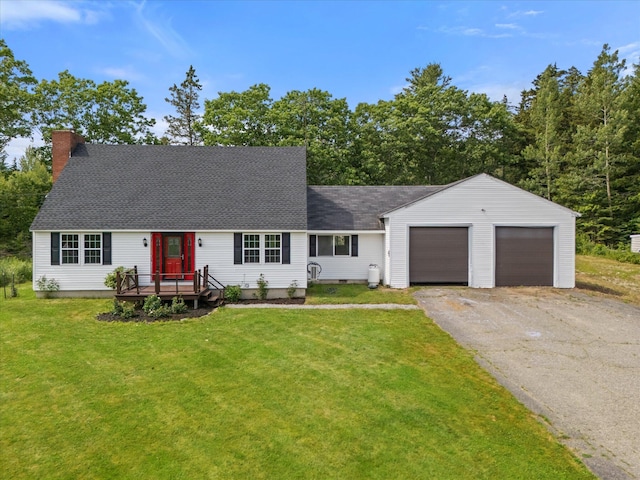 24 Blackswoods Rd, Franklin, ME 04634 - view of front facade with roof with shingles, a front lawn, an attached garage, a chimney, and asphalt driveway