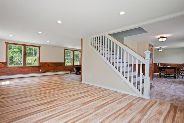 24 Blackswoods Rd, Franklin, ME 04634 - stairway with wood finished floors, a baseboard radiator, and recessed lighting
