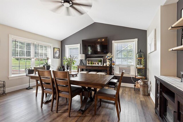 15 Fieldstone Dr, Augusta, ME 04330 - dining area featuring ceiling fan, vaulted ceiling, and wood finished floors