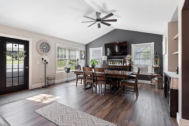 15 Fieldstone Dr, Augusta, ME 04330 - dining area with a ceiling fan, vaulted ceiling, and dark wood-style floors